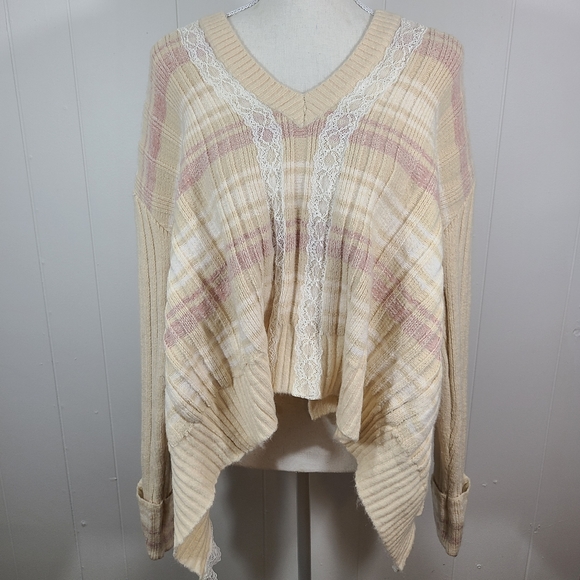POL Chunky Knit Sweater Lace Stripe Rib Sharkbite High Low V Neck Boxy Oversized - Picture 2 of 12